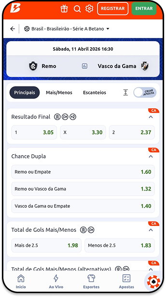 Jogo válido pelo Brasileirão entre Remo e Vasco da Gama com odds na Betano