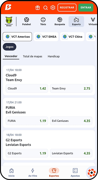 Odds de jogos da VCT Americas com partidas como Cloud9 vs Team Envy e FURIA vs Evil Geniuses na Betano

