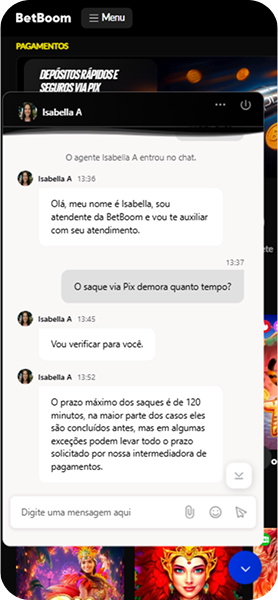 Atendente Isabella A no suporte da BetBoom informando prazo máximo de 120 minutos para saques via Pix