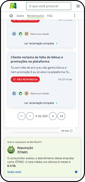 Reputação da Betboom no Reclame Aqui com nota 8.1/10 e classificação Ótimo nos últimos 6 meses
