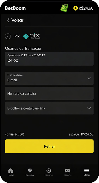 Saque via Pix no aplicativo da BetBoom com campo de valor, tipo de chave e opção de retirada sem comissão