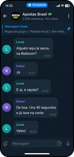 Conversa no Telegram no grupo Apostas Brasil com usuários relatando saque na BetBoom em cerca de 40 segundos