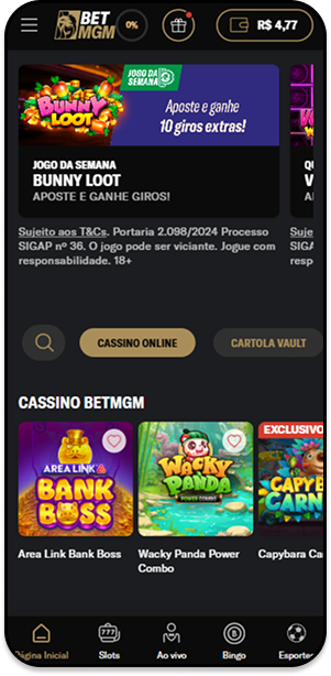 Página de cassino na BetMGM com destaque para o jogo da semana