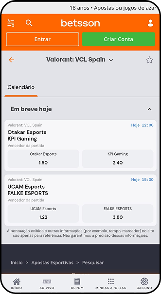 Jogos da VCL Spain com odds para Otakar Esports vs KPI Gaming e UCAM Esports vs FALKE Esports na Betsson
