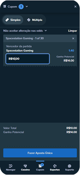 Bilhete de aposta de R$10 na Stake em Spacestation Gaming vencedor com ganho potencial de R$14
