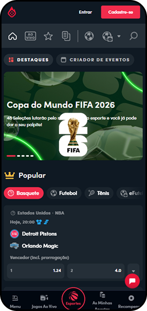 Apostas esportivas na Blaze com destaque para a Copa do Mundo FIFA 2026 e jogo ao vivo de Detroit Pistons x Orlando Magic