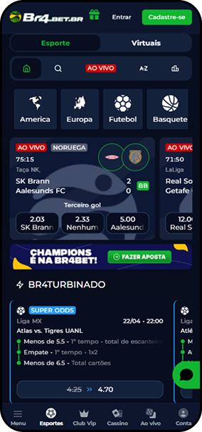 Apostas ao vivo na Br4bet com SK Brann x Aalesunds pela Taça NK e super odds para Atlas x Tigres UANL