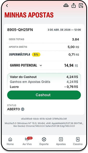 Opção de cashout da Superbet com aposta em bilhete múltiplo, odds de 3.84 e retorno potencial de R$14,94 a partir de R$5 apostados.