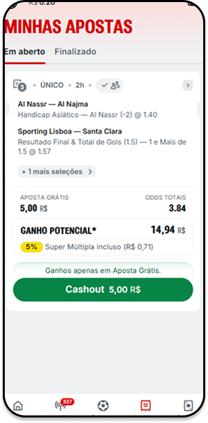 Cashout da Superbet com aposta bilhete múltiplo, odds de 3.84 e valor de aposta de R$5, com opção de retirar R$1 antes do jogo