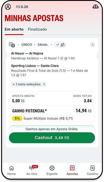 Cashout parcial da Superbet com aposta em aposta múltipla, valor apostado de R$5, opção de retirar R$3,48 e lucro parcial de R$1,52 negativo.