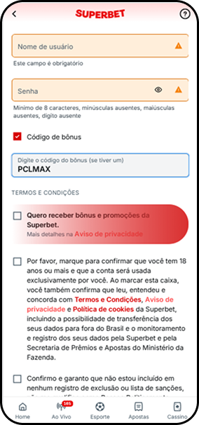 Etapa final de cadastro na Superbet com campos para e-mail, nome de usuário, senha e código de bônus preenchido com 'PLCMAX'.
