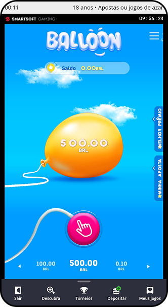 Jogo Balloon da Smartsoft Gaming com balão avaliado em R$500 e botão para encher