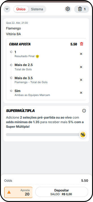 Criador de apostas da Superbet para o jogo Flamengo x Vitória BA com quatro seleções combinadas e odds de 5.50