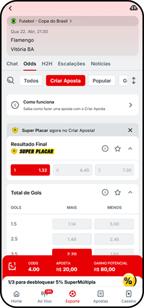 Criar Aposta da Superbet para Flamengo x Vitória BA pela Copa do Brasil com odds de 4.00 e ganho potencial de R$80
