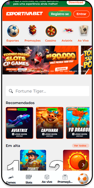 Captura de tela do aplicativo de cassino da Esportiva Bet, exibindo jogos populares como Aviatrix em um design intuitivo