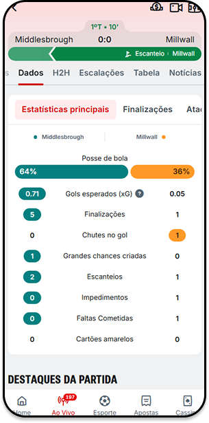 Estatísticas ao vivo no Superbet app