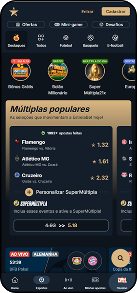 Múltiplas populares da Estrela Bet com seleções de Flamengo, Atlético MG e Cruzeiro e odds combinadas de 4.93 para 5.18