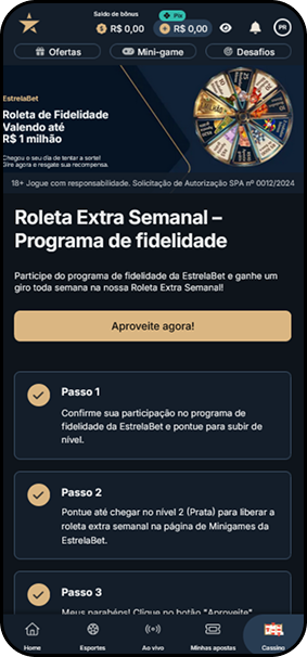 Roleta Extra Semanal na Estrela Bet com prêmios como rodadas grátis e banca até R$ 1 milhão