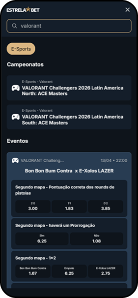 Campeonatos de Valorant e mercados de apostas como rounds de pistola e prorrogação na Estrela Bet
