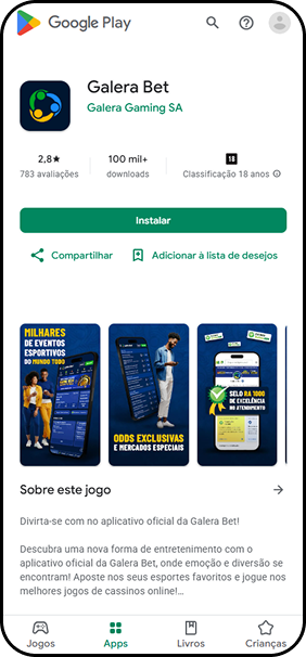 Aplicativo da Galera Bet na Google Play com nota 2,8, mais de 100 mil downloads e classificação 18 anos