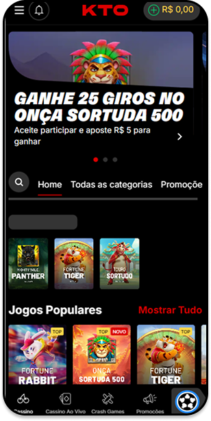 Captura de tela do cassino KTO com banner de destaque para giros grátis no Onça Sortuda
