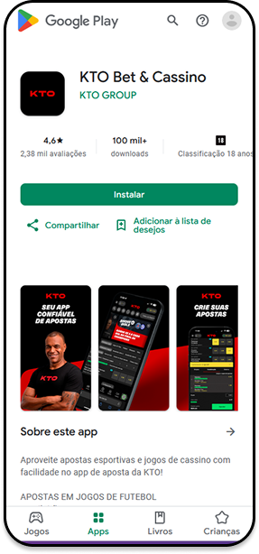 App KTO Bet & Cassino na Google Play Store com nota 4,6 e mais de 100 mil downloads