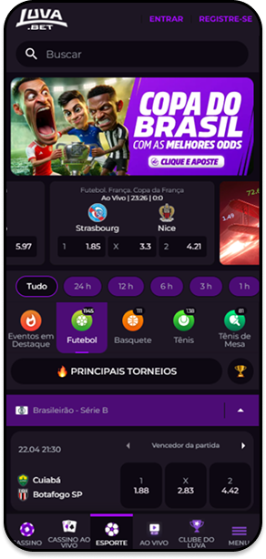 Apostas esportivas na Luva.bet com Copa do Brasil em destaque e jogo ao vivo de Strasbourg x Nice pela Copa da França