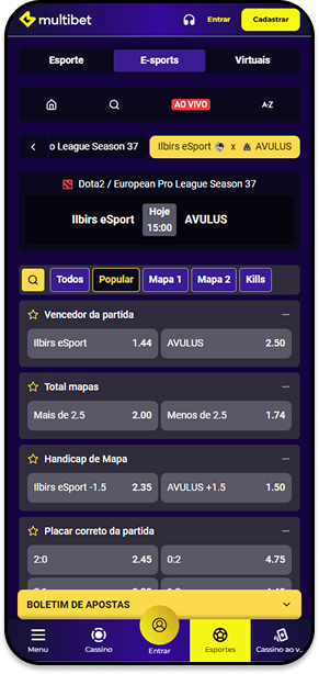 Jogo Dota 2 na Multibet com odds para uma partida entre Avulus e Ilbirs