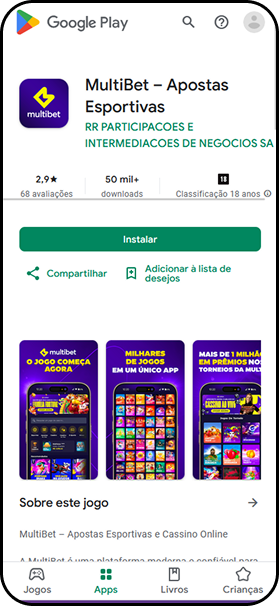 App MultiBet de apostas esportivas na Google Play Store com nota 2,9 e mais de 50 mil downloads