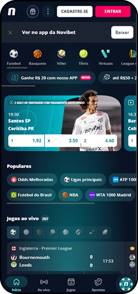 Apostas esportivas na Novibet com jogo Santos SP x Coritiba PR com 2 gols de vantagem e pagamento antecipado