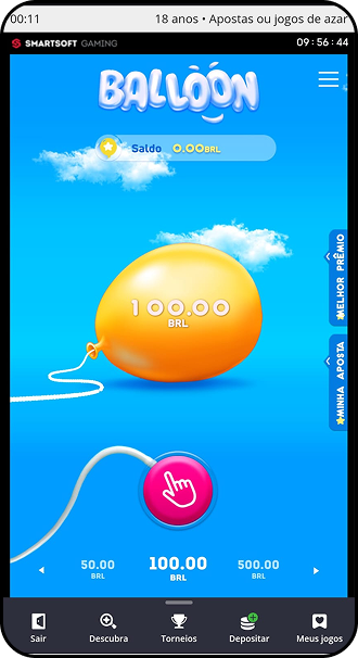 Jogo Balloon da Smartsoft Gaming com balão avaliado em R$100 e opções de aposta entre R$50 e R$500