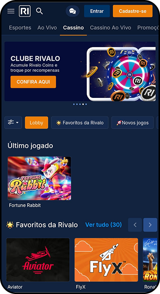 Cassino da Rivalo com Fortune Rabbit como último jogo jogado e favoritos como Aviator e FlyX