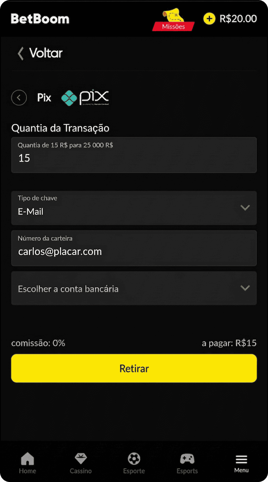 Saque na casa de apostas Betboom via Pix no valor de R$15