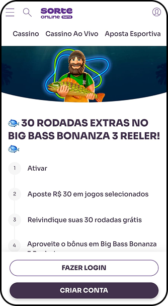 Promoção da Sorte Online com 30 rodadas extras no Big Bass Bonanza 3 Reeler ao apostar R$30 em jogos selecionados