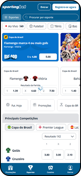 Apostas esportivas na Sportingbet com Big Odd para Flamengo marcar 4 ou mais gols e jogo Goiás x Cruzeiro em destaque