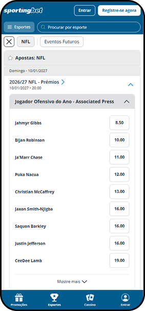 Mercado de apostas na NFL pela Sportingbet com odds para Jogador Ofensivo do Ano da Associated Press, incluindo Ja'Marr Chase e Saquon Barkley