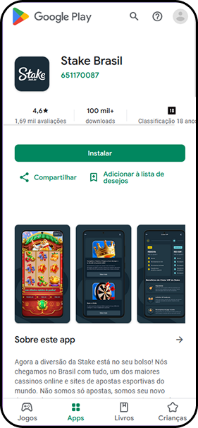 App Stake Brasil na Google Play Store com nota 4,6, mais de 100 mil downloads e classificação 18 anos