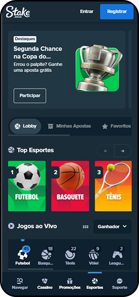 Apostas esportivas na Stake com promoção Segunda Chance na Copa do Brasil e top esportes futebol, basquete e tênis