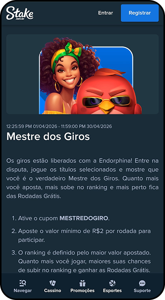 Promoção Mestre dos Giros da Stake com giros grátis da Endorphina para quem apostar com o cupom MESTREDOGIRO