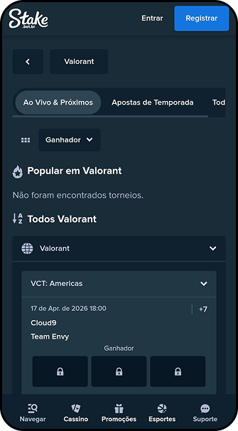 ogos da VCT Americas como Cloud9 vs Team Envy com mercados bloqueados para aposta na Stake