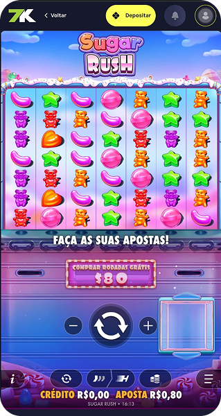 Slot Sugar Rush na Bet7K com grade de símbolos coloridos, aposta de R$0,80 e opção de comprar rodadas grátis por $80
