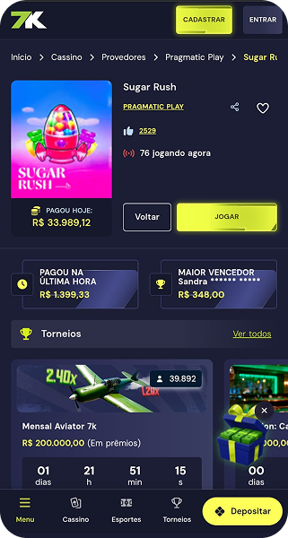Slot Sugar Rush na Bet7K com grade de símbolos coloridos, aposta de R$0,80 e opção de comprar rodadas grátis por $80
