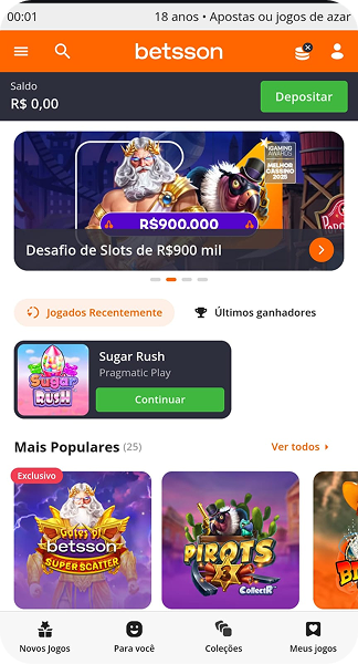 Jogo Sugar Rush da Pragmatic Play disponível na Betsson com opção de continuar partida recente
