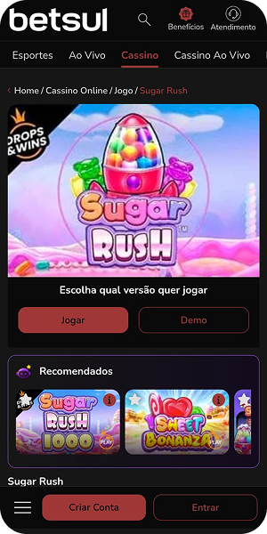 Jogo Sugar Rush da Pragmatic Play na Betsul com opções para jogar ou acessar modo demo
