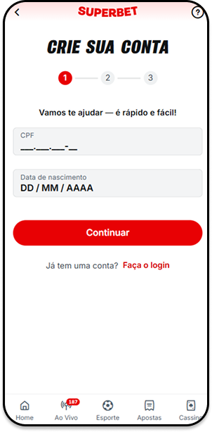 Área de cadastro no app da Superbet