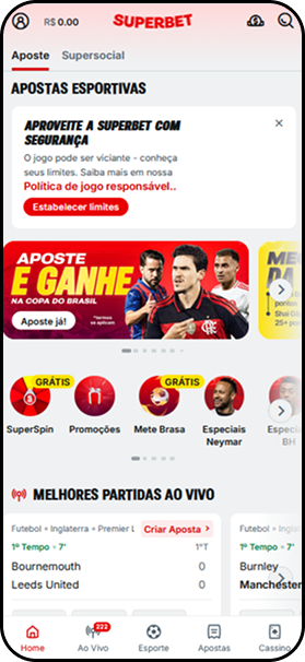 Apostas esportivas na Superbet com promoção Aposte e Ganhe na Copa do Brasil e melhores partidas ao vivo da Premier League