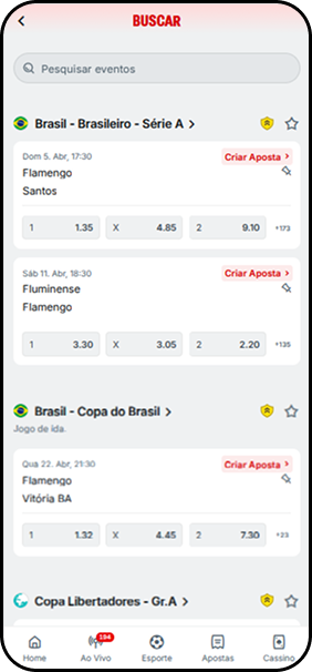 Recurso de criar aposta na Superbet com jogos do Brasileirão Série A, Copa do Brasil e Copa Libertadores disponíveis