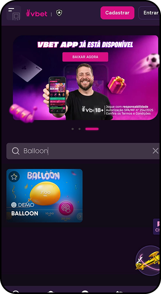 Jogo Balloon disponível na Vbet em modo demo com balão amarelo e multiplicadores visíveis