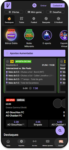 Apostas esportivas na Vupi com aposta do dia no Brasileirão A entre Internacional e São Paulo e partida ao vivo da Grécia