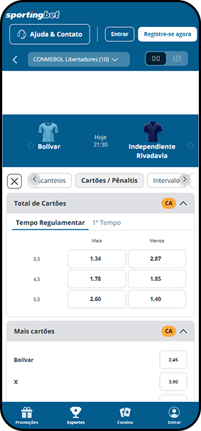 Mercado de total de cartões e pênaltis na Sportingbet para Bolívar x Independiente Rivadavia pela CONMEBOL Libertadores